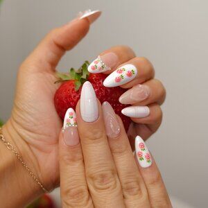 tipsy | Handmade Press On Nails | Almond Medium | 3D Nail Art | Strawberry Press
